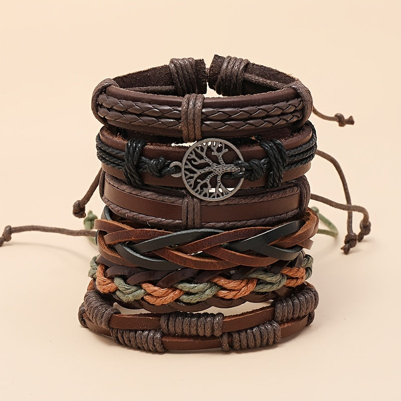 Vintage Funky Men's Adjustable Alloy Multilayer Combination Tree Of Life PU Leather Braided Bracelet