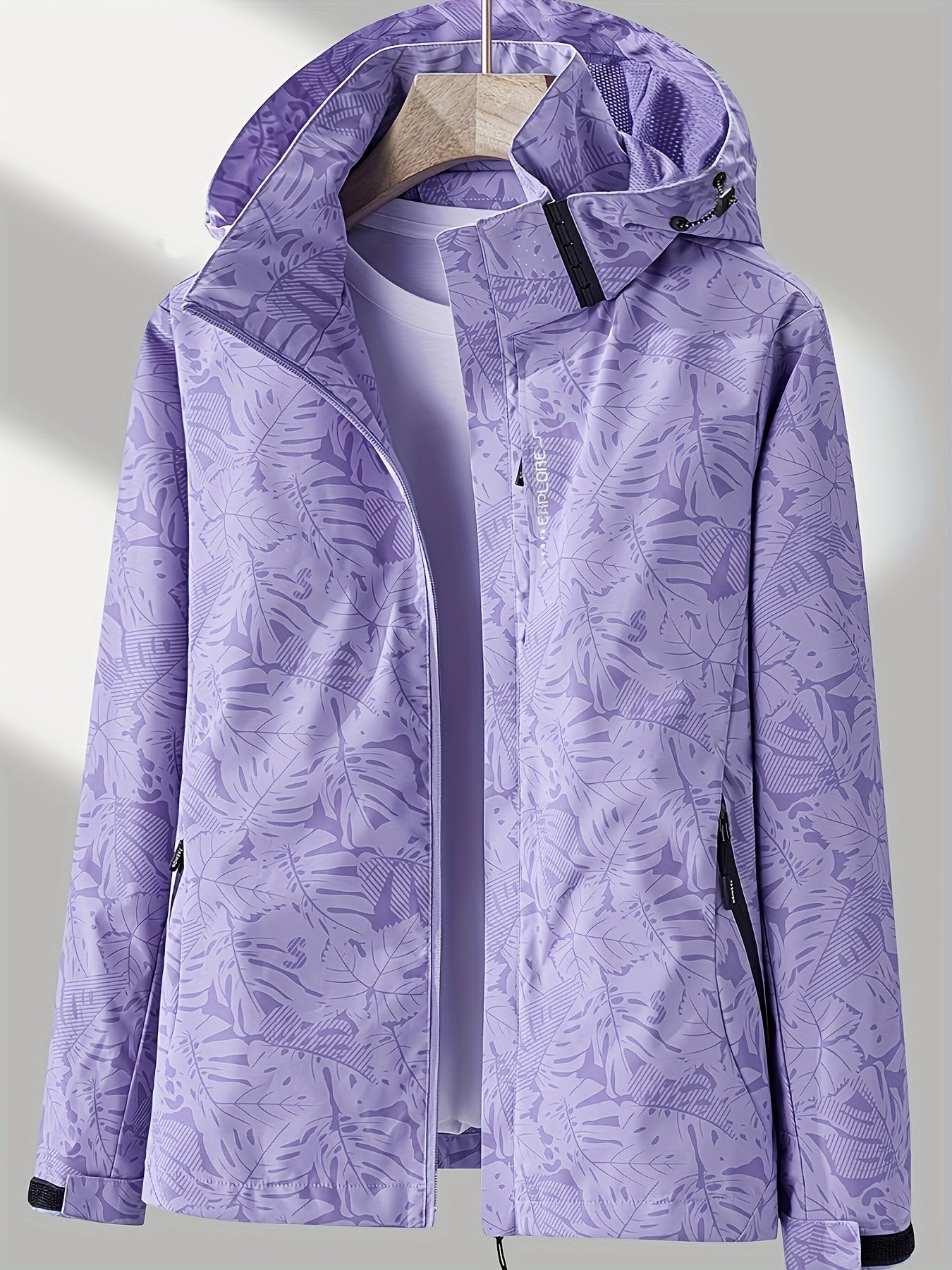 Women'S Lightweight Hooded Jacket - Casual Zip-Up Outdoor with Tropical Leaf Print, Removable Hood & Adjustable Cuffs for Spring Summer Fall, Hiking, Travel, Camping, Camping Gear
