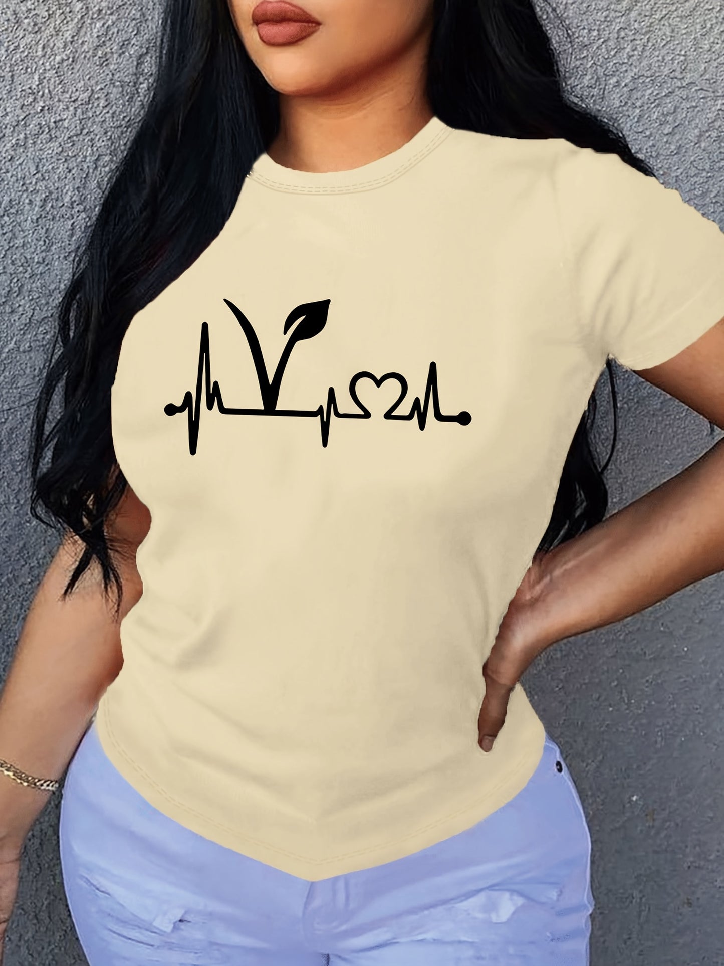 Plant Print Short Sleeve T-Shirt, Crew Neck Casual Top For Summer & Spring, Women's Clothing