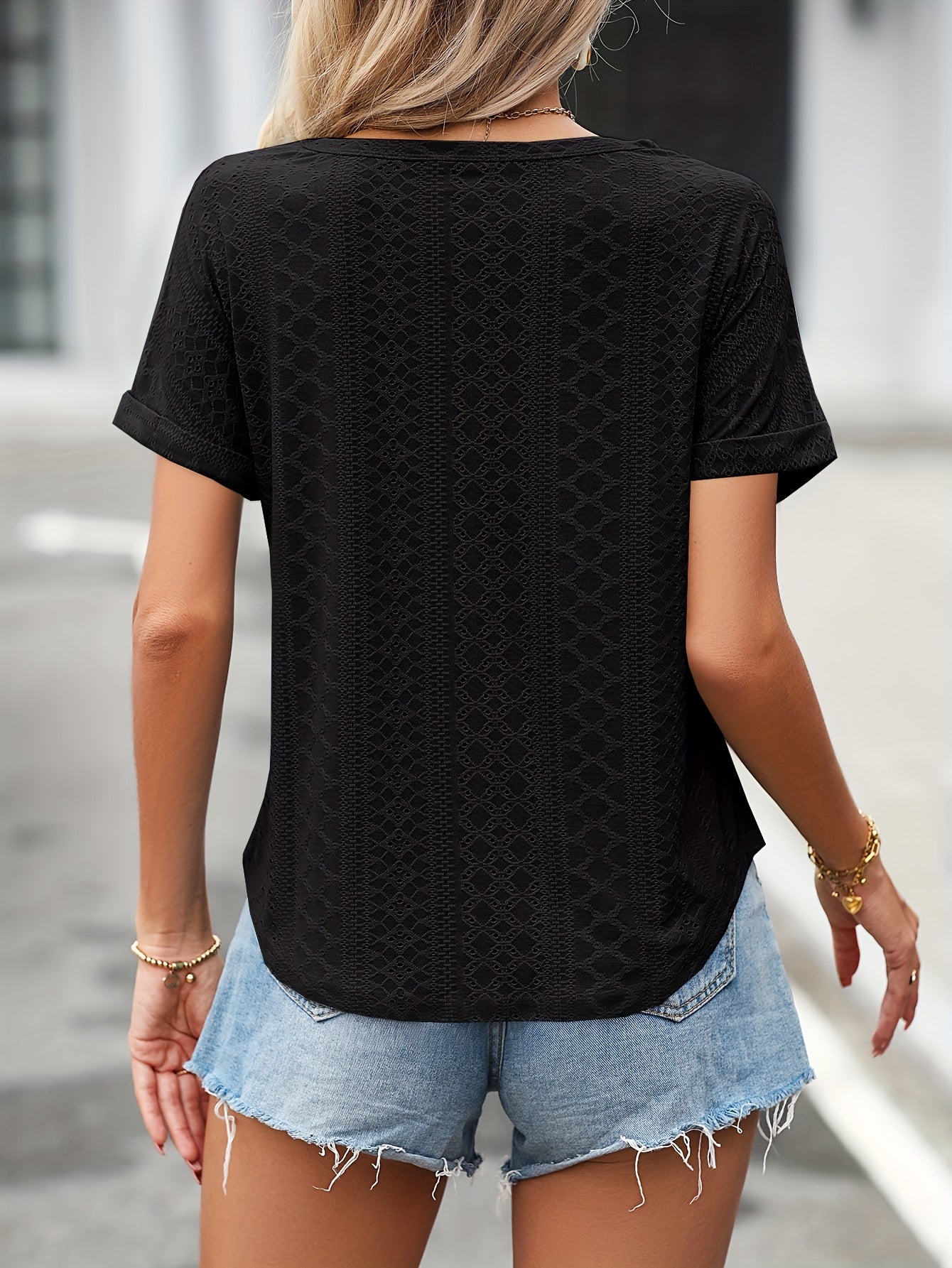 Lace-Detail Eyelet Crew Neck T-Shirt - Relaxed Fit for Ultimate Comfort, Short Sleeve Design for Warm Weather, Perfect for Spring and Summer Seasons, Stylish and Versatile Womens Apparel