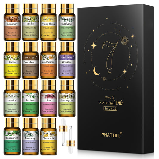 1pc Premium Essential Oils Set, Oils Gift Set 15pcsx0.17oz For Diffuser, Humidifier, Eucalypltus Ylang Ylang Vanilla Cinnamon Lavender Orange Sandalwood Lemon Lemongrass Rose Tea Tree Jasmine Chamomile Rosemary Peppermint