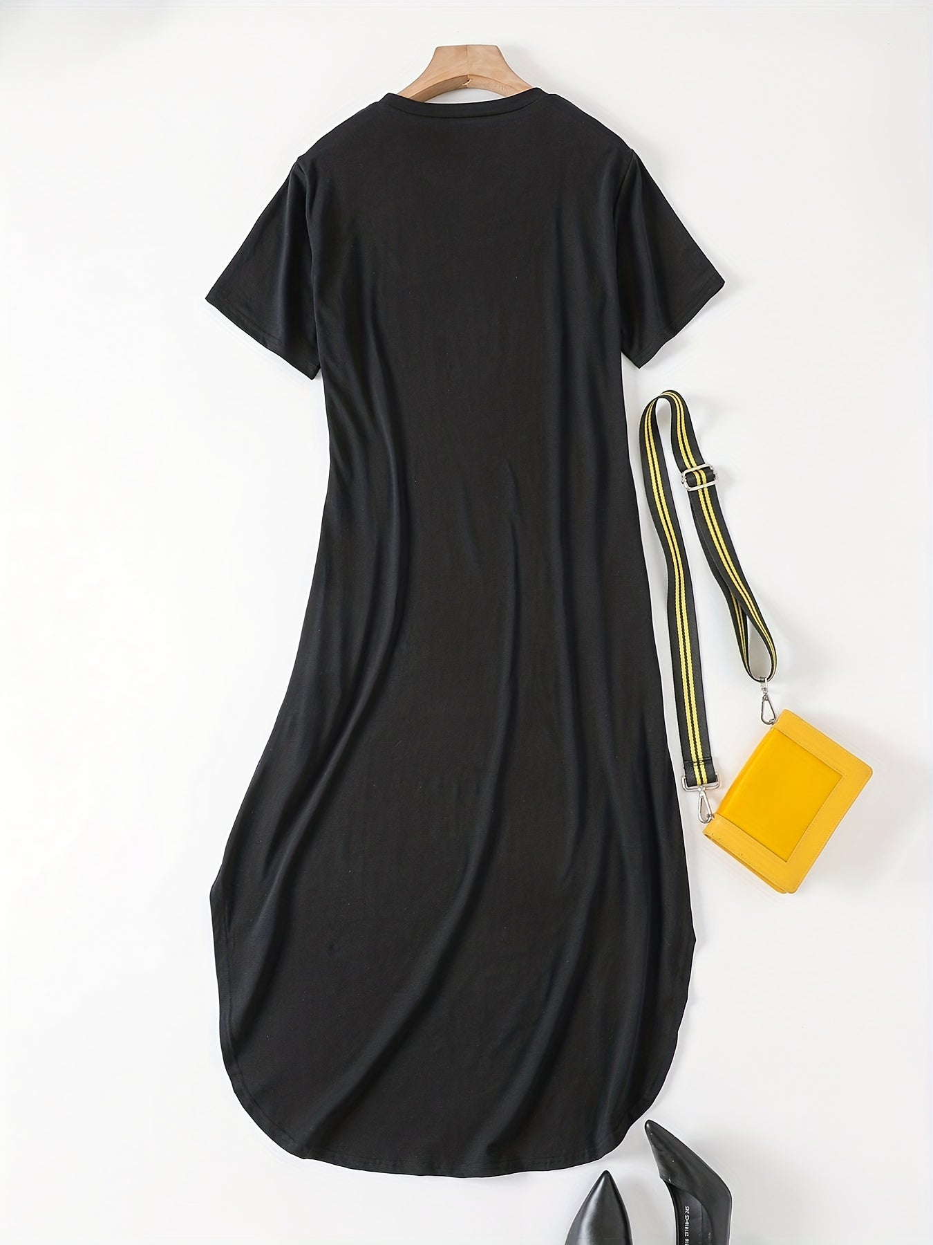 Chic Crew Neck T-shirt Dress - Casual Long-Length with Asymmetrical Hem, Soft Cotton Blend, Perfect for All Seasons