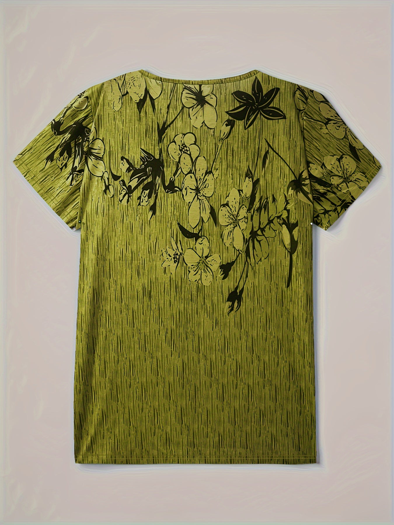 Floral Print Plus Size Short Sleeve Round Neck Henley T-shirt - Women's Casual Slight Stretch