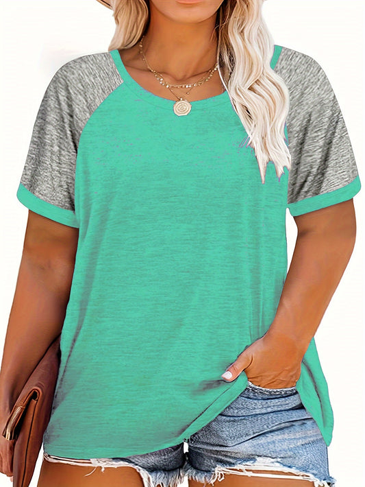 [Plus Size Slight Stretch T-shirt] Plus Size Casual T-shirt, Women's Plus Colorblock Short Sleeve Round Neck Slight Stretch T-shirt