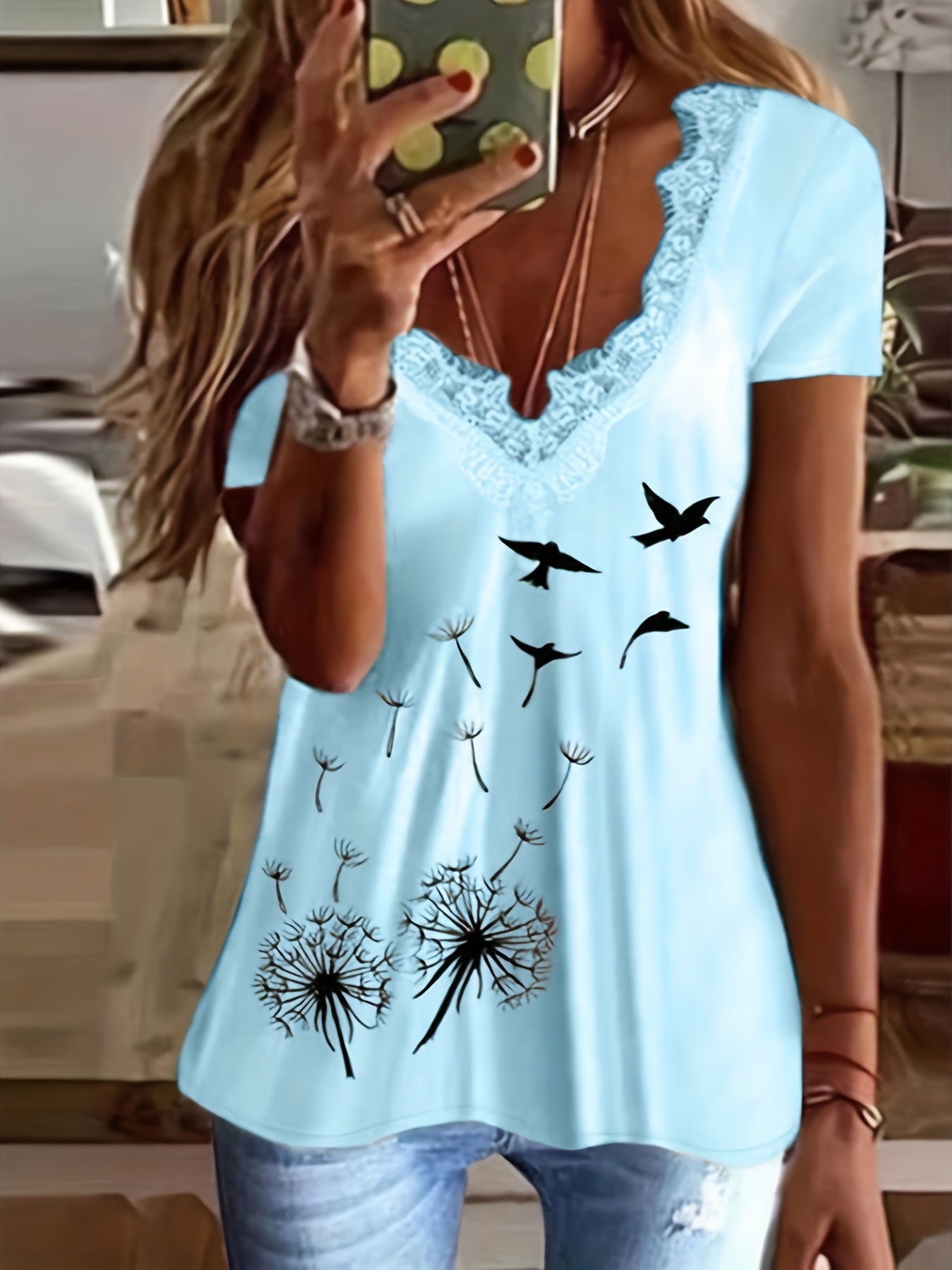 For Spring & Summer, Casual Short Sleeve Contrast Lace Dandelion Print T-Shirt, Women's Clothing