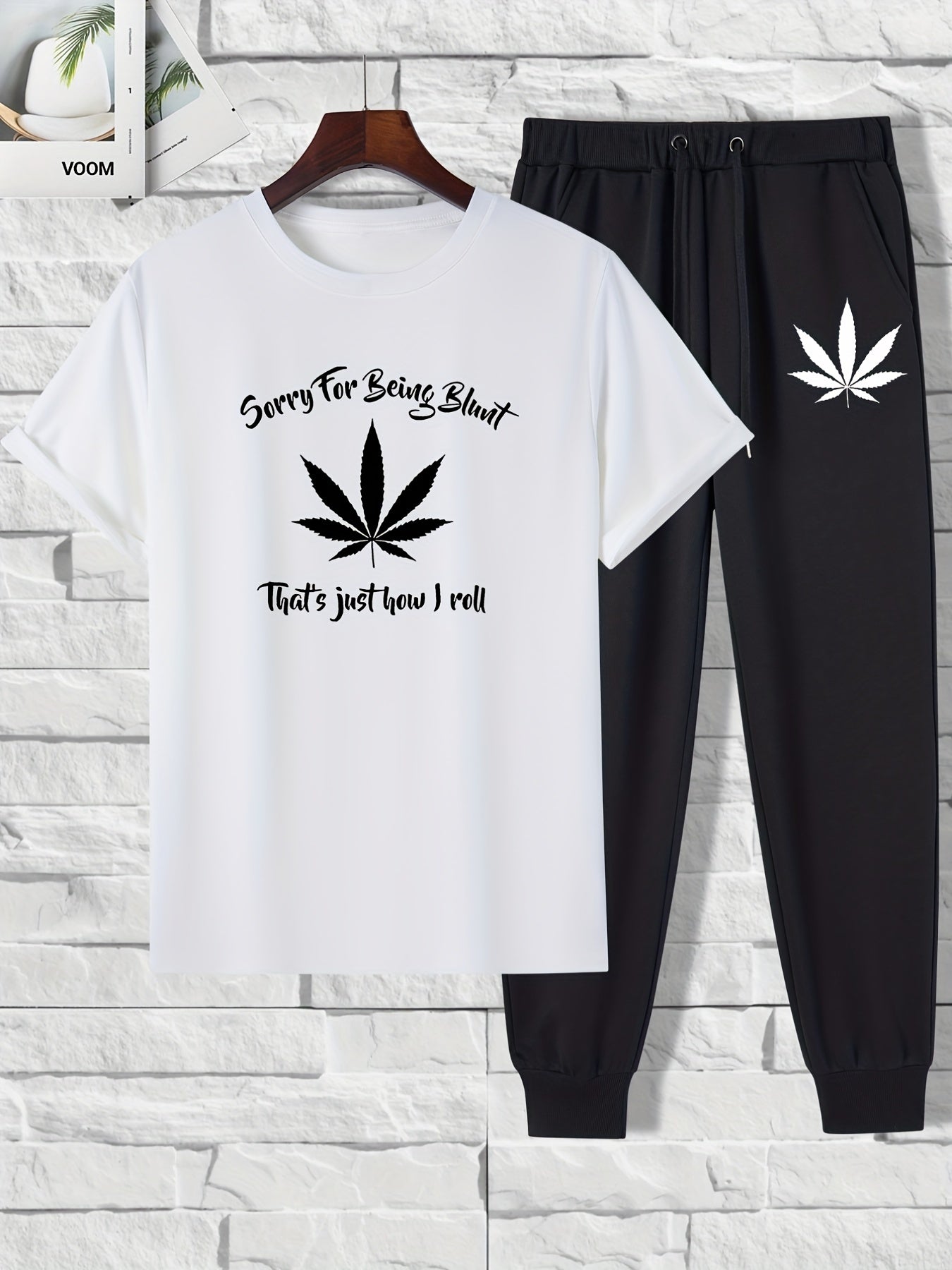 2 pieces Leaf Print Men's 2-Piece Set: Short Sleeve T-Shirt & Drawstring Trousers