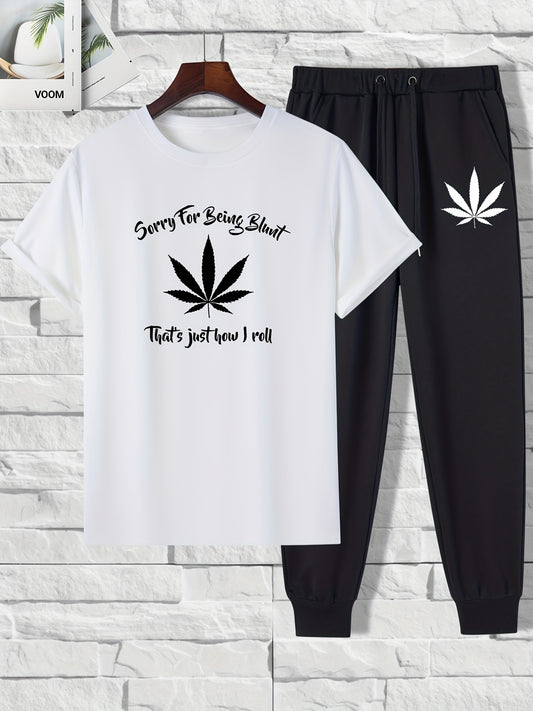 2 pieces Leaf Print Men's 2-Piece Set: Short Sleeve T-Shirt & Drawstring Trousers