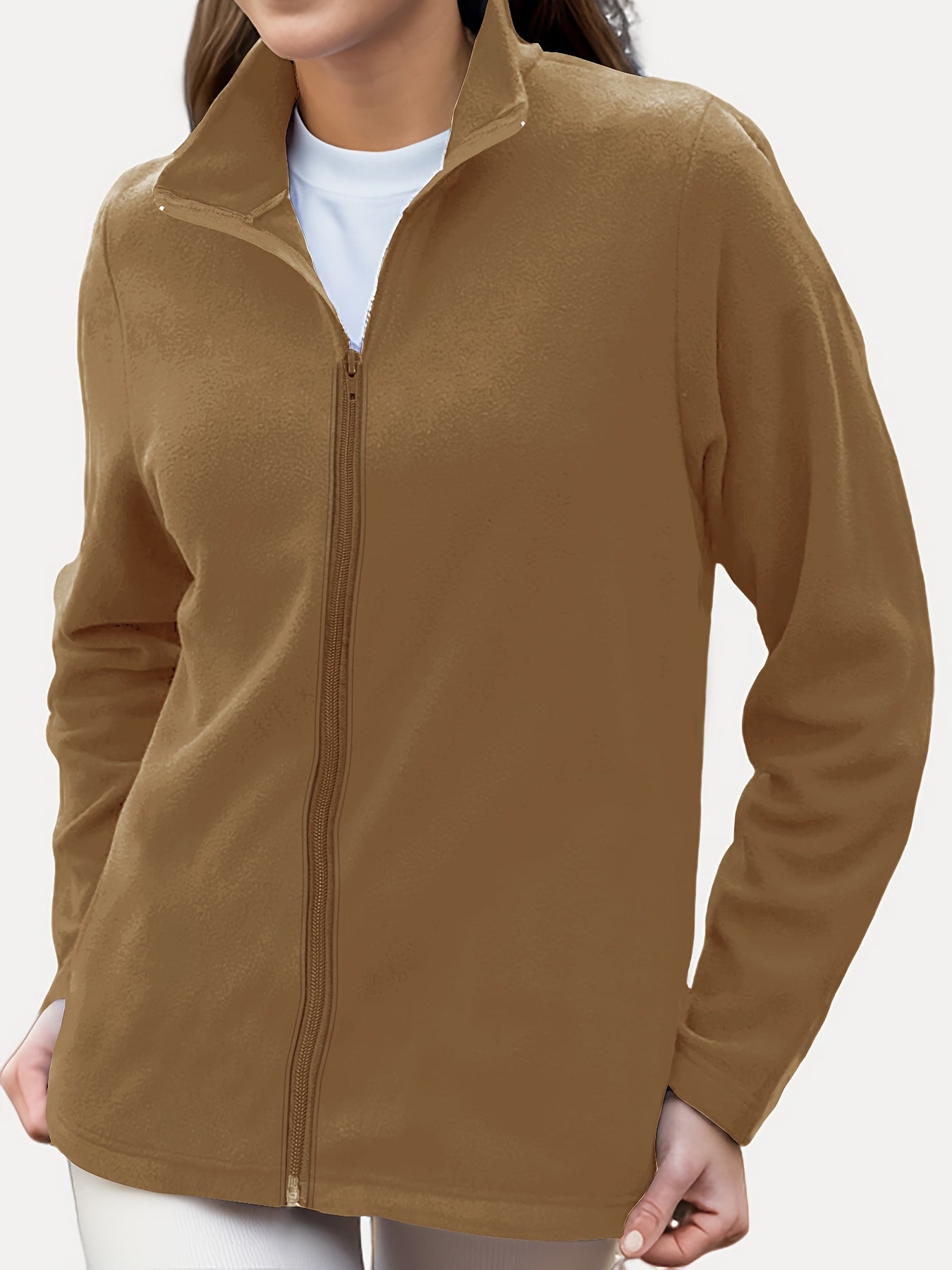 Thermal Stand Collar Jacket, Warm Solid Zipper Jacket, Casual Outerwear For Fall & Winter, Women's Clothing