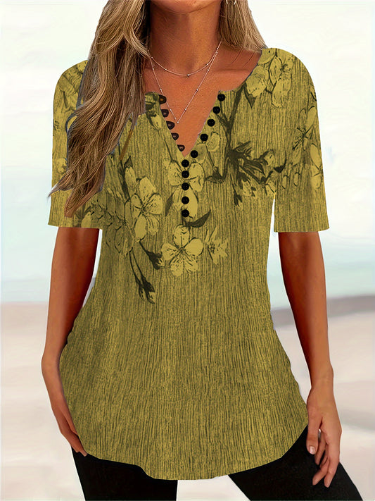 Floral Print Plus Size Short Sleeve Round Neck Henley T-shirt - Women's Casual Slight Stretch
