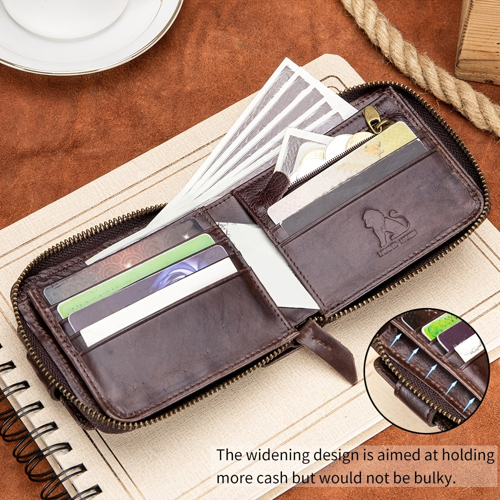 Men's Retro Genuine Leather Multi-Card Wallet with Zip, Large Capacity, Anti-Theft