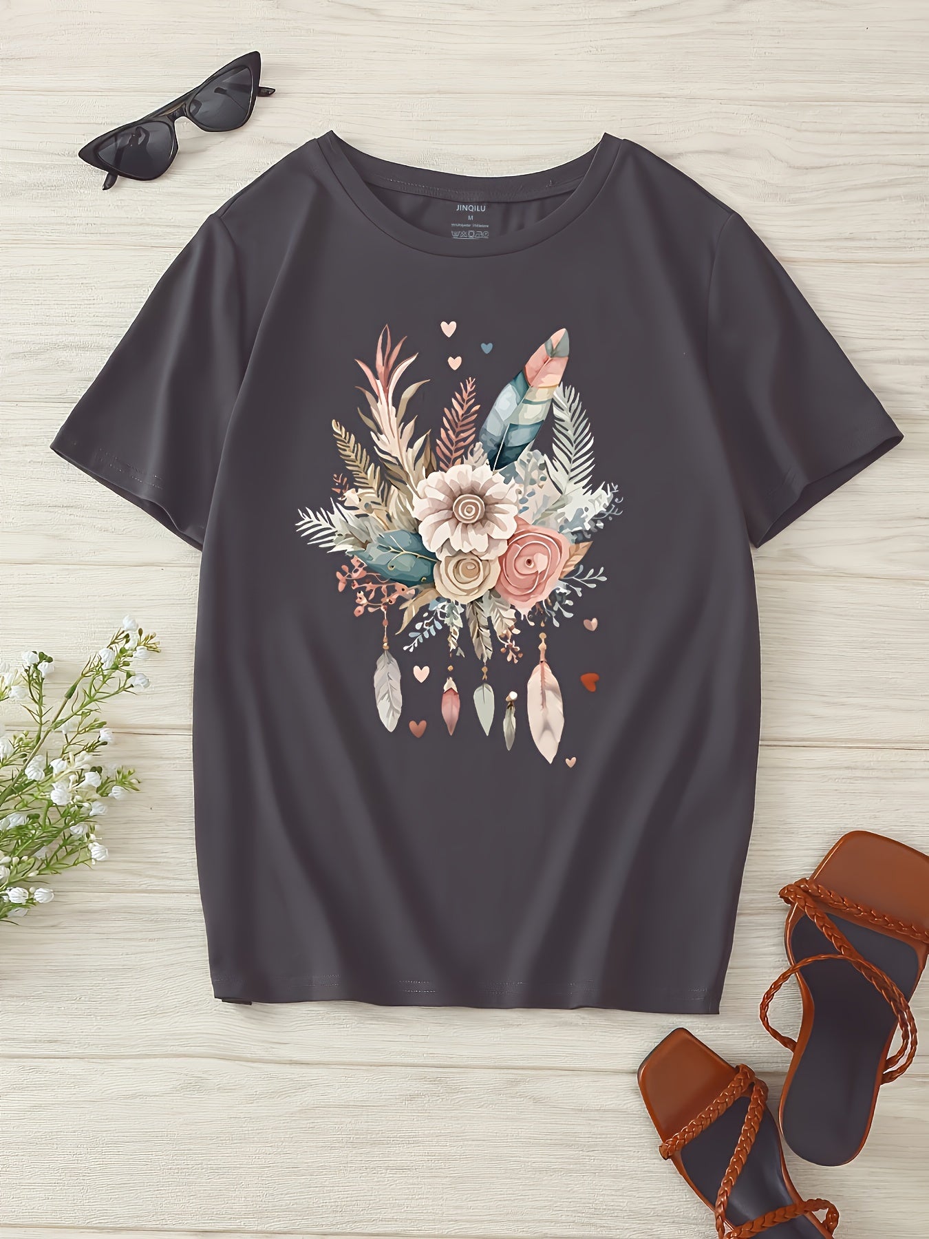 Flower & Feather Print T-shirt, Casual Short Sleeve Crew Neck T-shirt For Spring & Summer, Women's Clothing