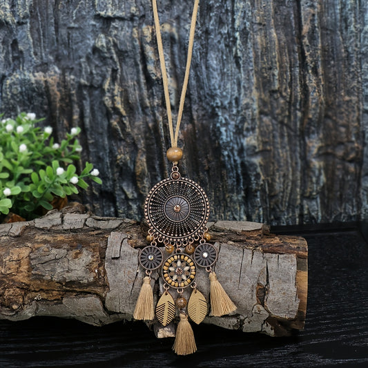 Brown Boho Ladies Pendant Necklace 1 Round Hollow Pendant Set With Rhinestone And Khaki Chain Tassel Jewelry