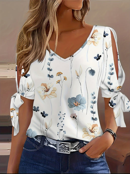 Chic Floral Print Knot Front T-Shirt - Lightweight & Breathable, Feminine V-Neck, Split Short Sleeves - Trendy Casual Wear for Women - A Versatile Seasonless Staple