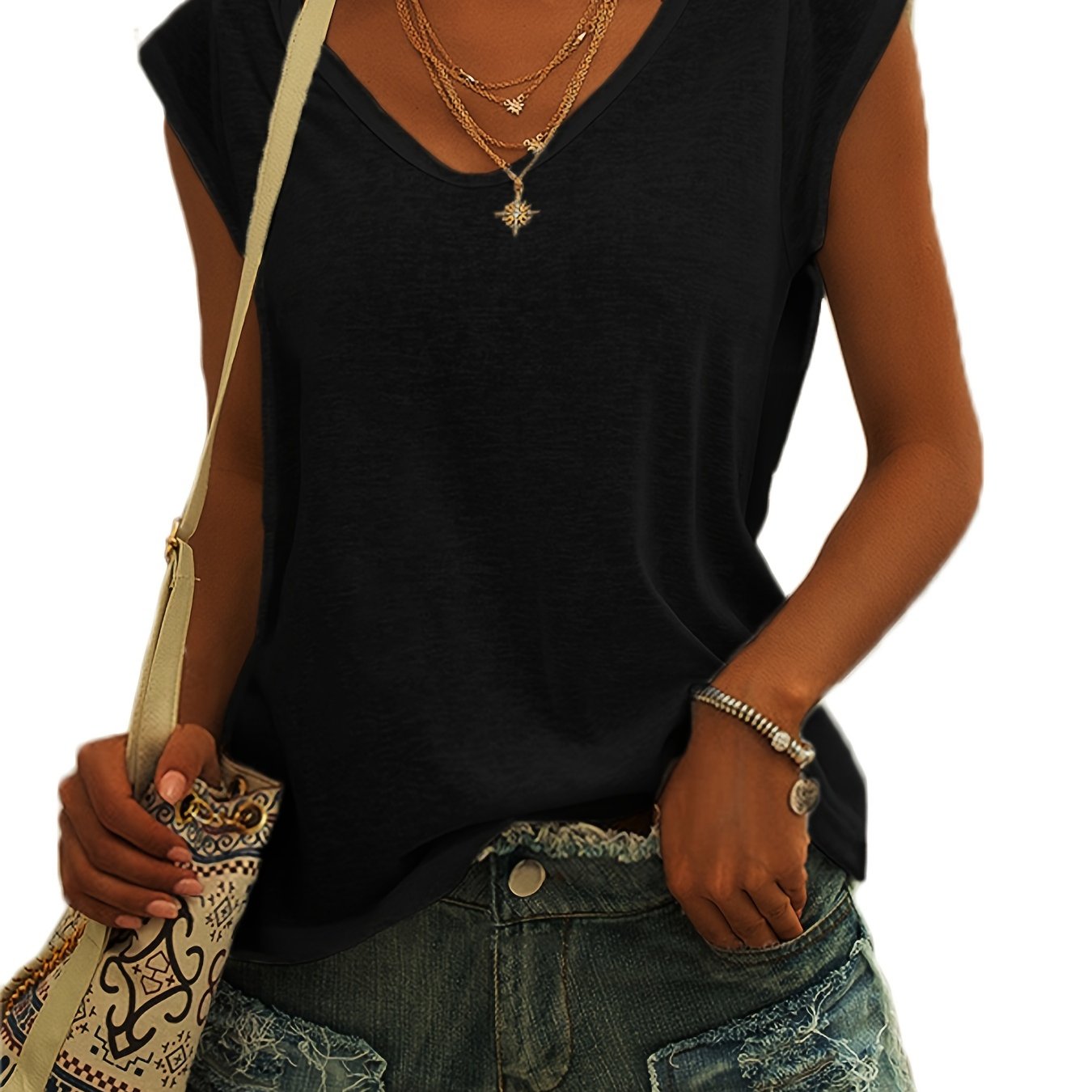 Solid Cap Sleeve T-shirt, Casual V Neck Comfy Summer T-shirt, Women's Clothing
