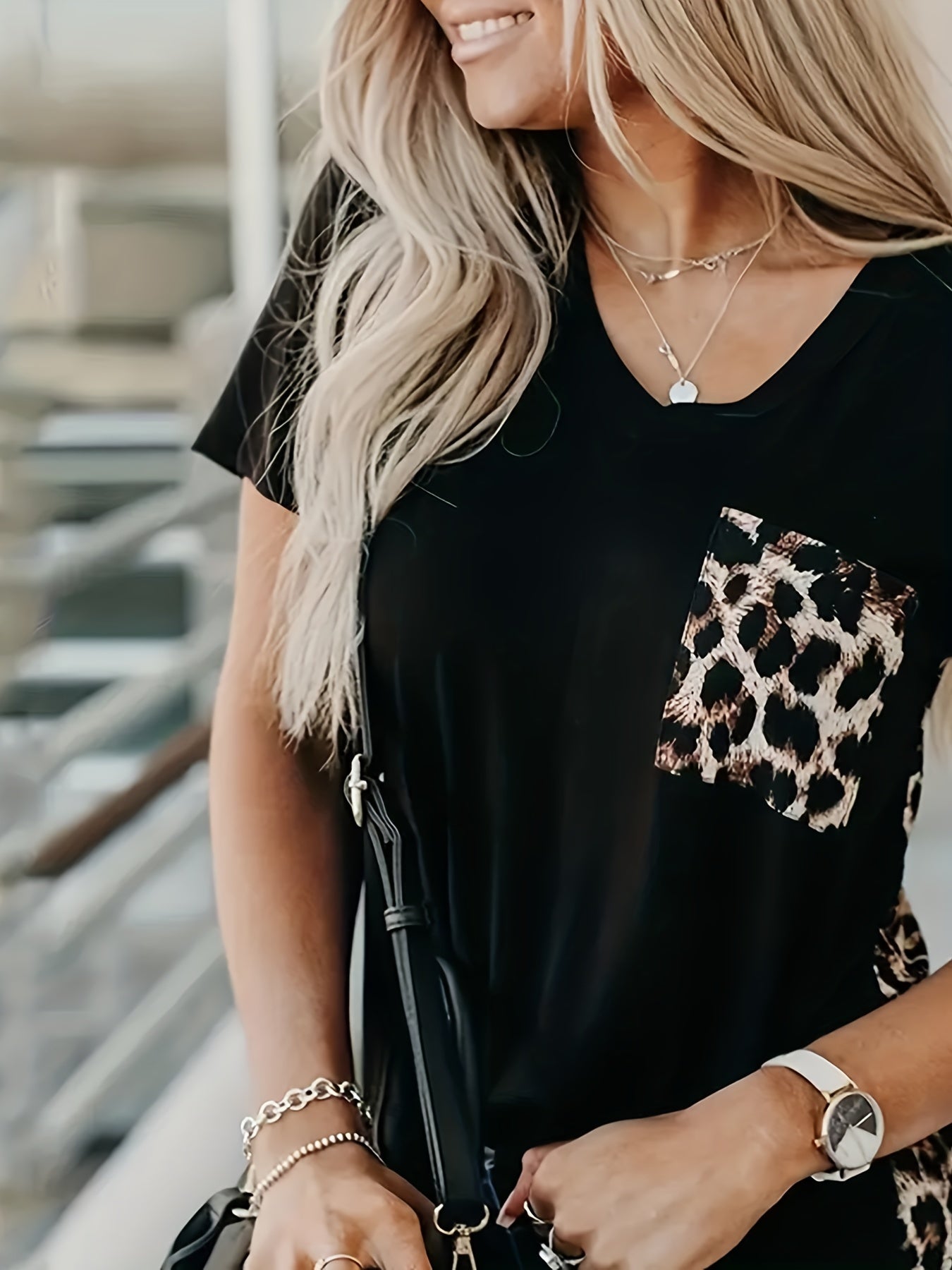 [Summer V Neck Short Sleeve Tee] Leopard Print Contrast T-shirt, Casual V Neck Short Sleeve Summer T-shirt, Women's Clothing