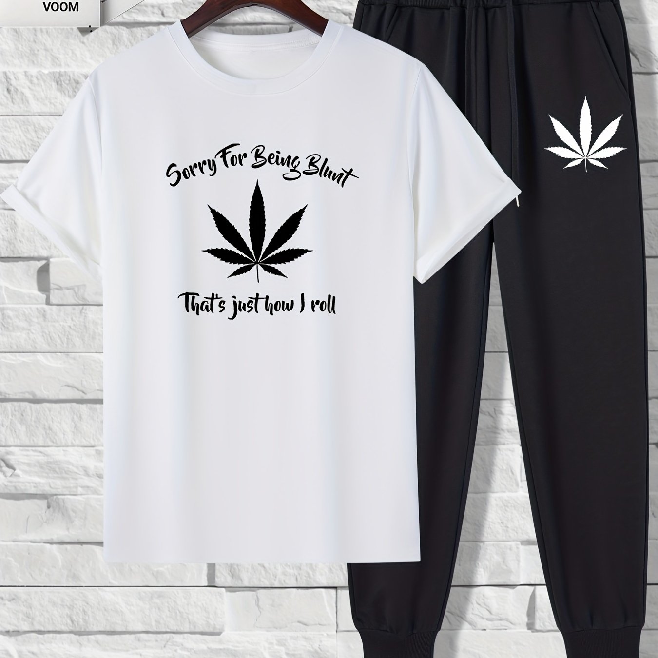 2 pieces Leaf Print Men's 2-Piece Set: Short Sleeve T-Shirt & Drawstring Trousers