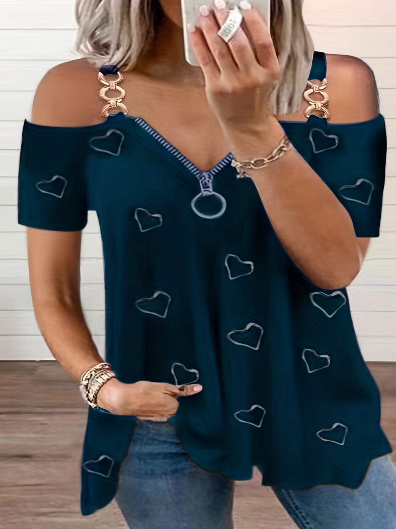 Cold Shoulder Heart Print T-Shirt, Casual Zipper Short Sleeve T-Shirt For Spring & Summer, Women's Clothing