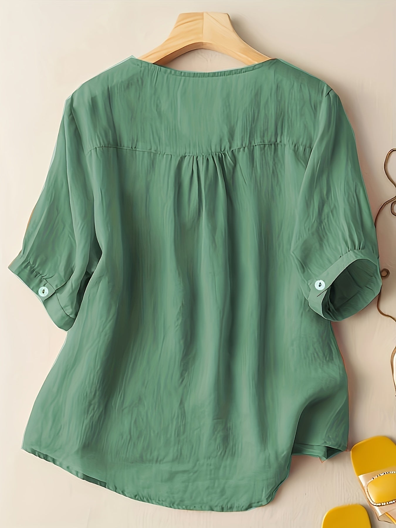 Floral Embroidery V Neck T-shirt, Vintage Half Sleeve Loose T-shirt For Spring & Summer, Women's Clothing