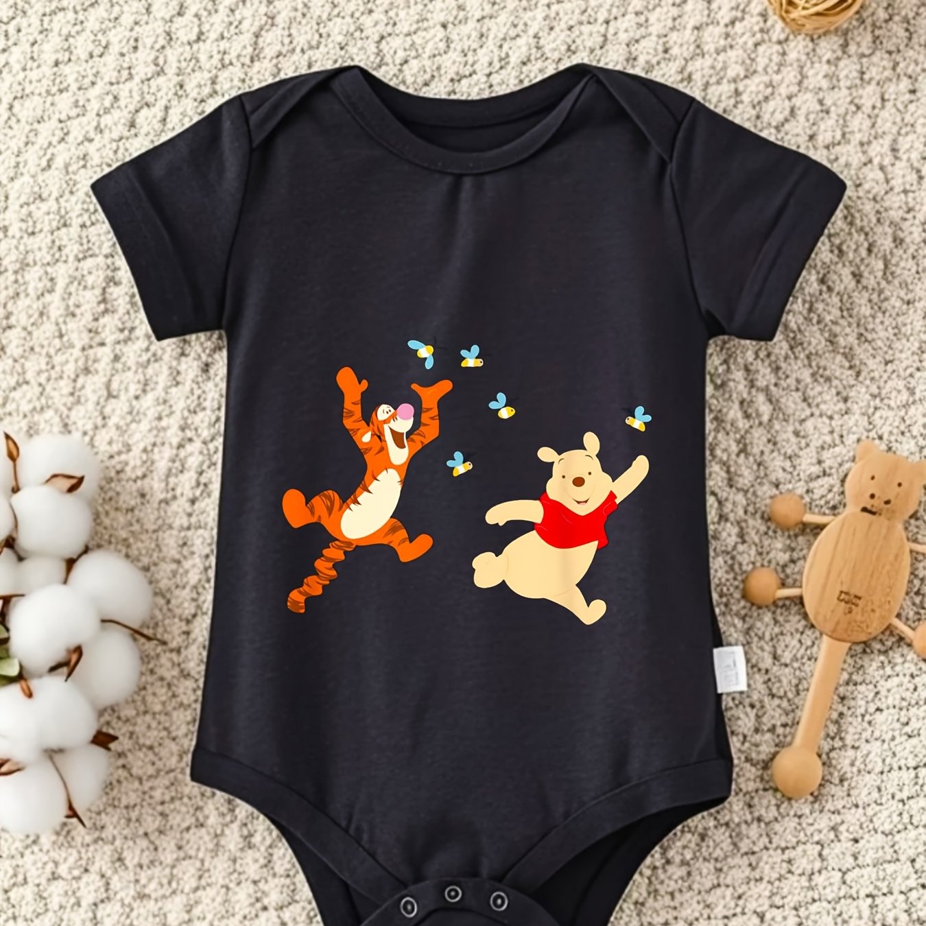 100% Cotton Baby Crawling Clothes - Tigger & Pooh Easter Design, Soft Gray, Short Sleeve, Round Neck, All-Season Casual Wear for Little Ones, Allseason Clothing | Playful Print Top | Cotton Fabric, Baby Clothes, for Outdoor