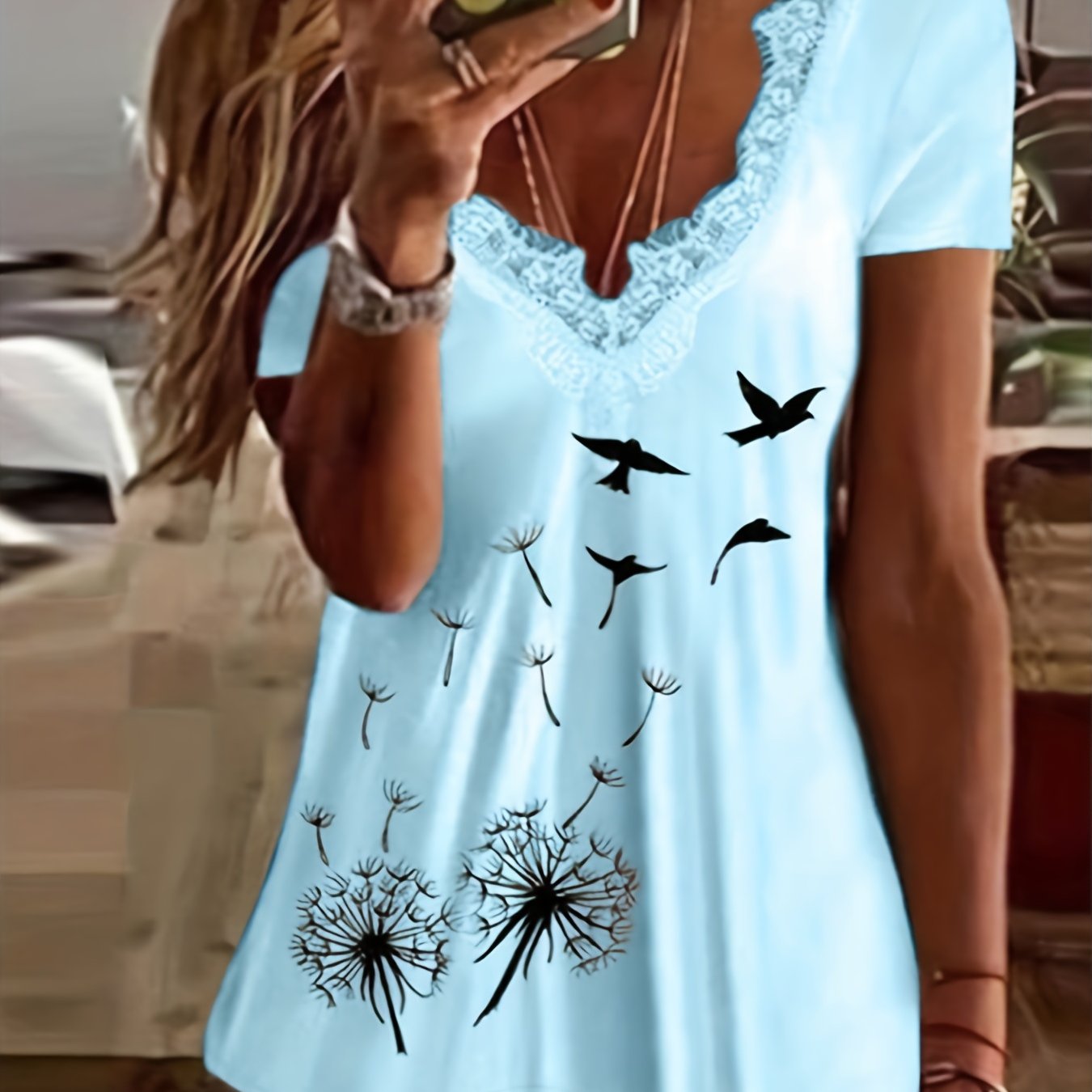 For Spring & Summer, Casual Short Sleeve Contrast Lace Dandelion Print T-Shirt, Women's Clothing