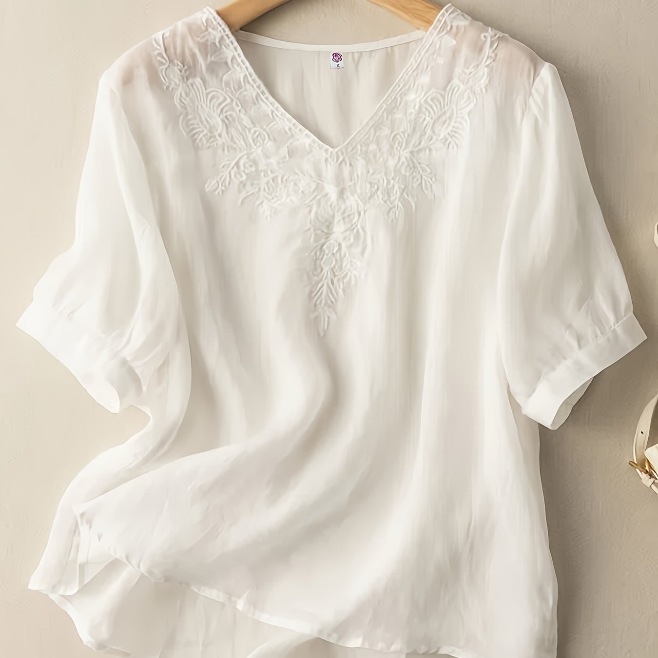 Floral Embroidery V Neck T-shirt, Vintage Half Sleeve Loose T-shirt For Spring & Summer, Women's Clothing