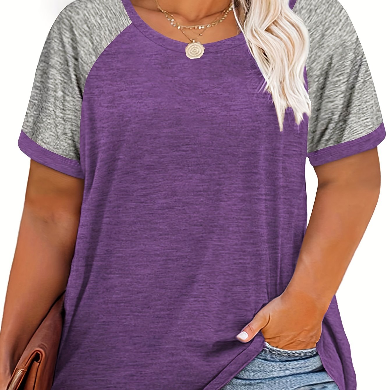 [Plus Size Slight Stretch T-shirt] Plus Size Casual T-shirt, Women's Plus Colorblock Short Sleeve Round Neck Slight Stretch T-shirt