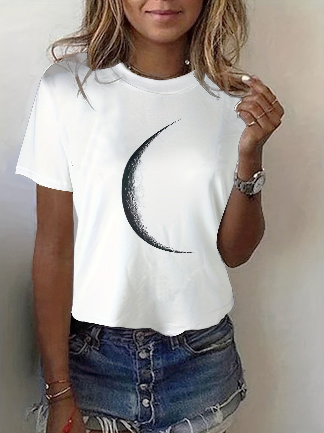 Moon Print Crew Neck T-Shirt, Casual Short Sleeve T-Shirt For Spring & Summer, Women's Clothing