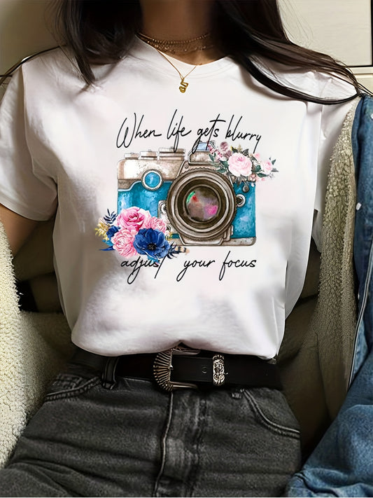 Trendy Flower Camera Print Womens T-Shirt - Soft Cotton Blend, Short Sleeve Crew Neck - Perfect Casual Style for Spring & Summer