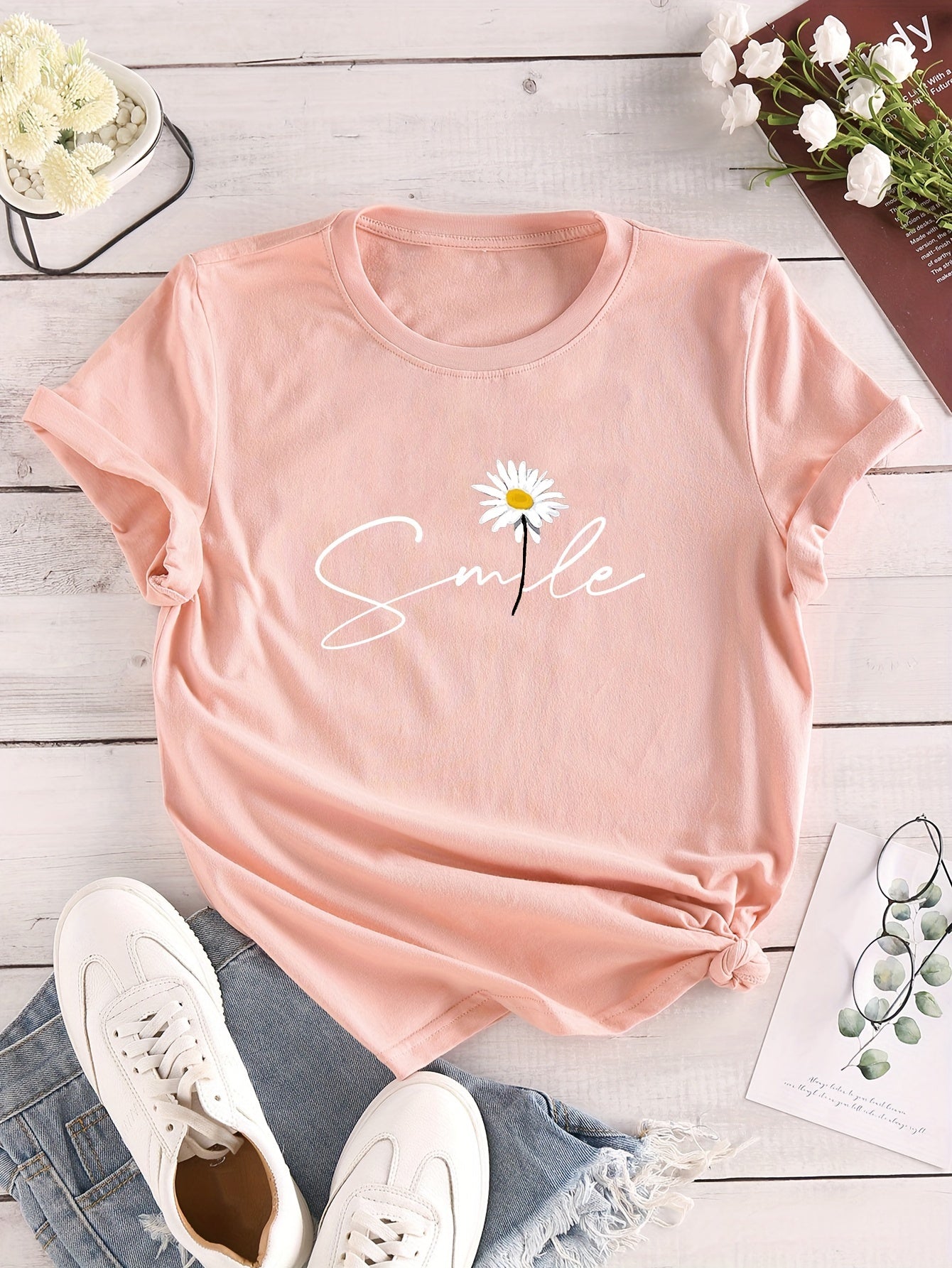 Vibrant Flower & Letter Print Crew Neck T-Shirt - Relaxed Fit, Short Sleeve, Classic Style - Perfect for Spring and Summer, Womens Casual Clothing