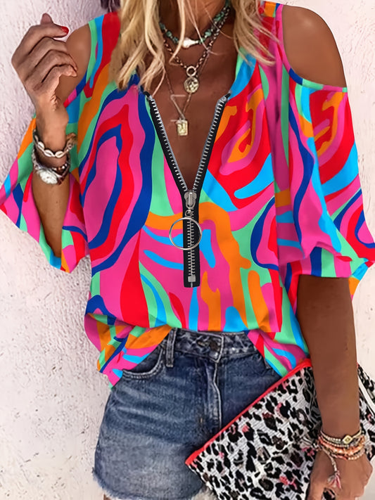 Colorful Geometric Print Casual T-Shirt - Easy Care, Micro-Elastic, Quarter-Zip Neck with Cold Shoulder, All-Season Comfort