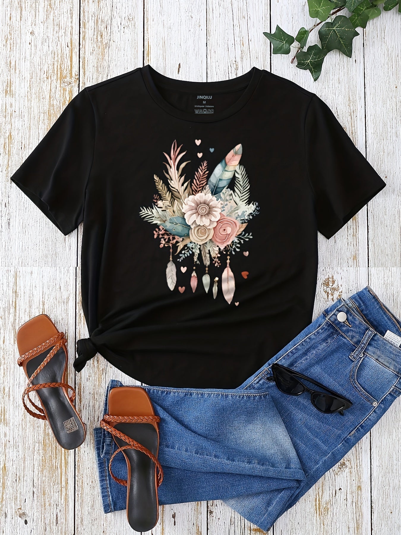 Flower & Feather Print T-shirt, Casual Short Sleeve Crew Neck T-shirt For Spring & Summer, Women's Clothing