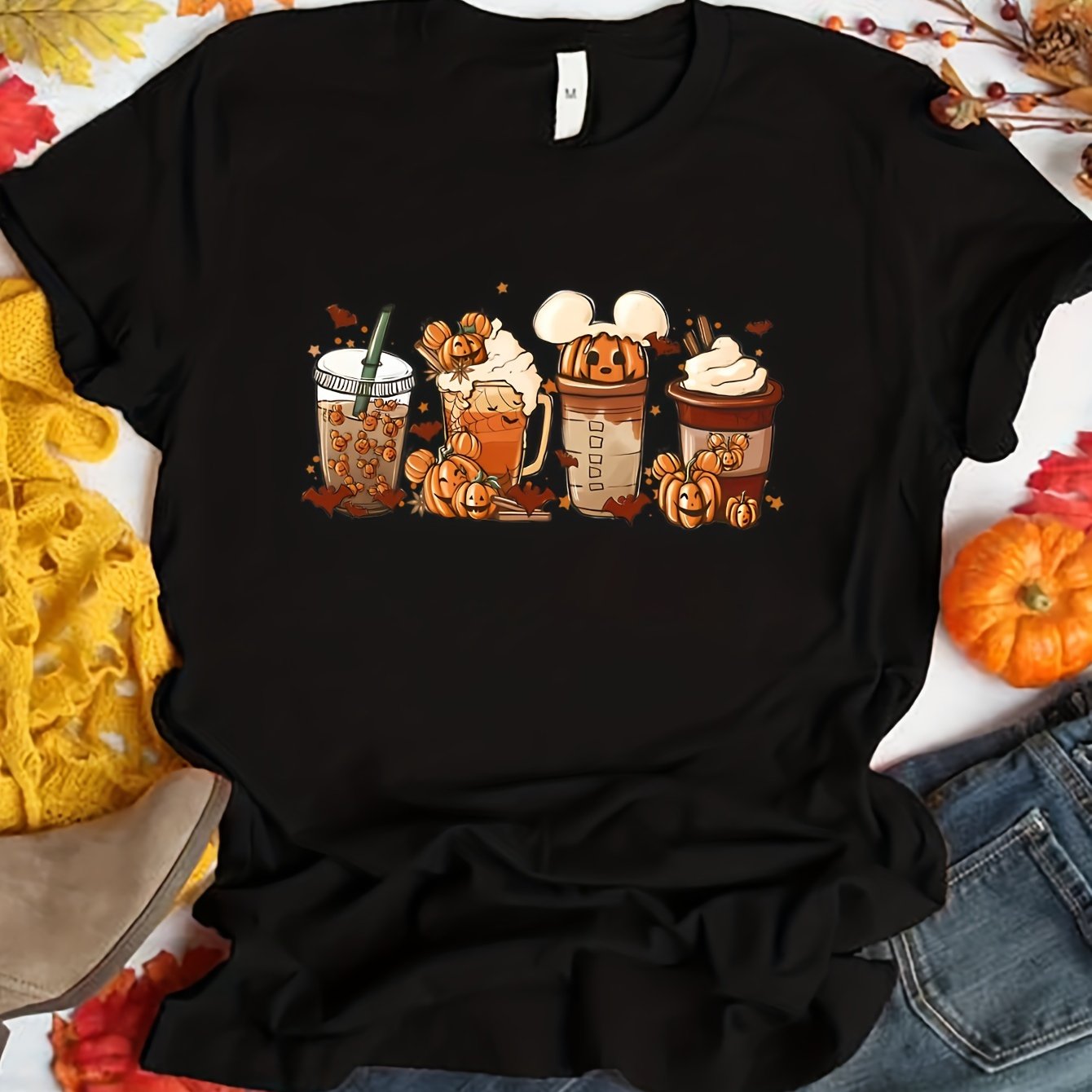Halloween Drinking Print Summer T-shirt, Casual Short Sleeve Crew Neck Tee, Women's Clothing