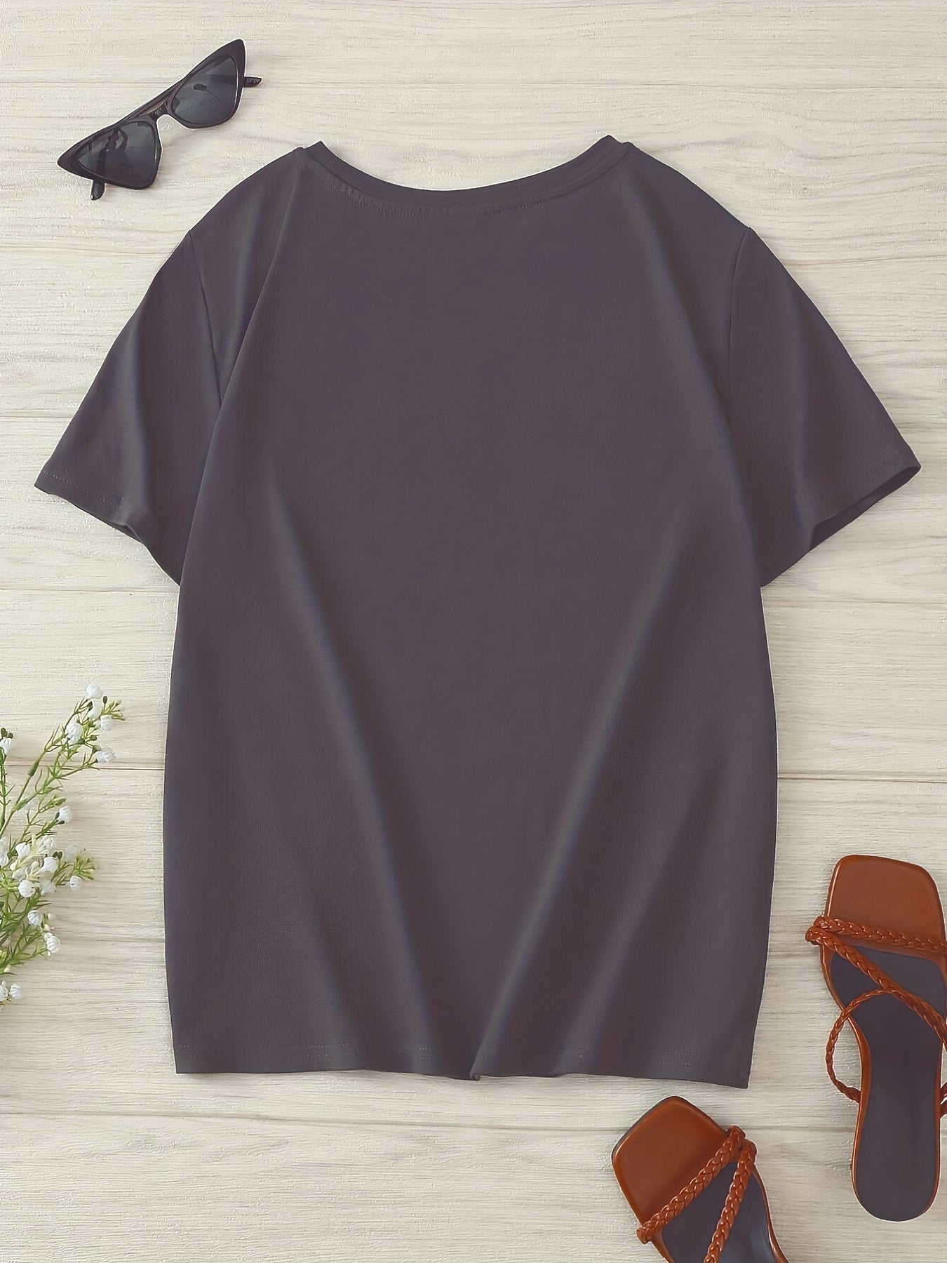 Flower & Feather Print T-shirt, Casual Short Sleeve Crew Neck T-shirt For Spring & Summer, Women's Clothing