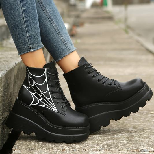 Women's Platform Wedge Ankle Boots, Height Increasing Side Spider Web Decor Short Boots, Women's Footwear