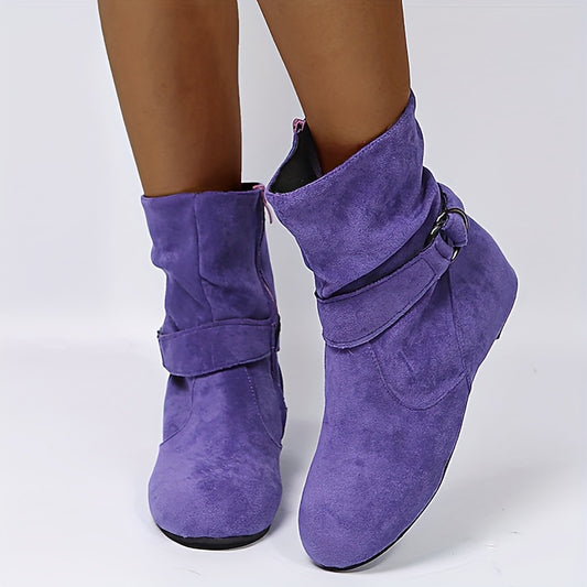 Womens Classic Solid Color Ankle Boots with Round-Toe Design - Fashion Buckle Belt & Side Zipper Closure - Ultra-Comfortable Outdoor Shoes for Stylish Adventures