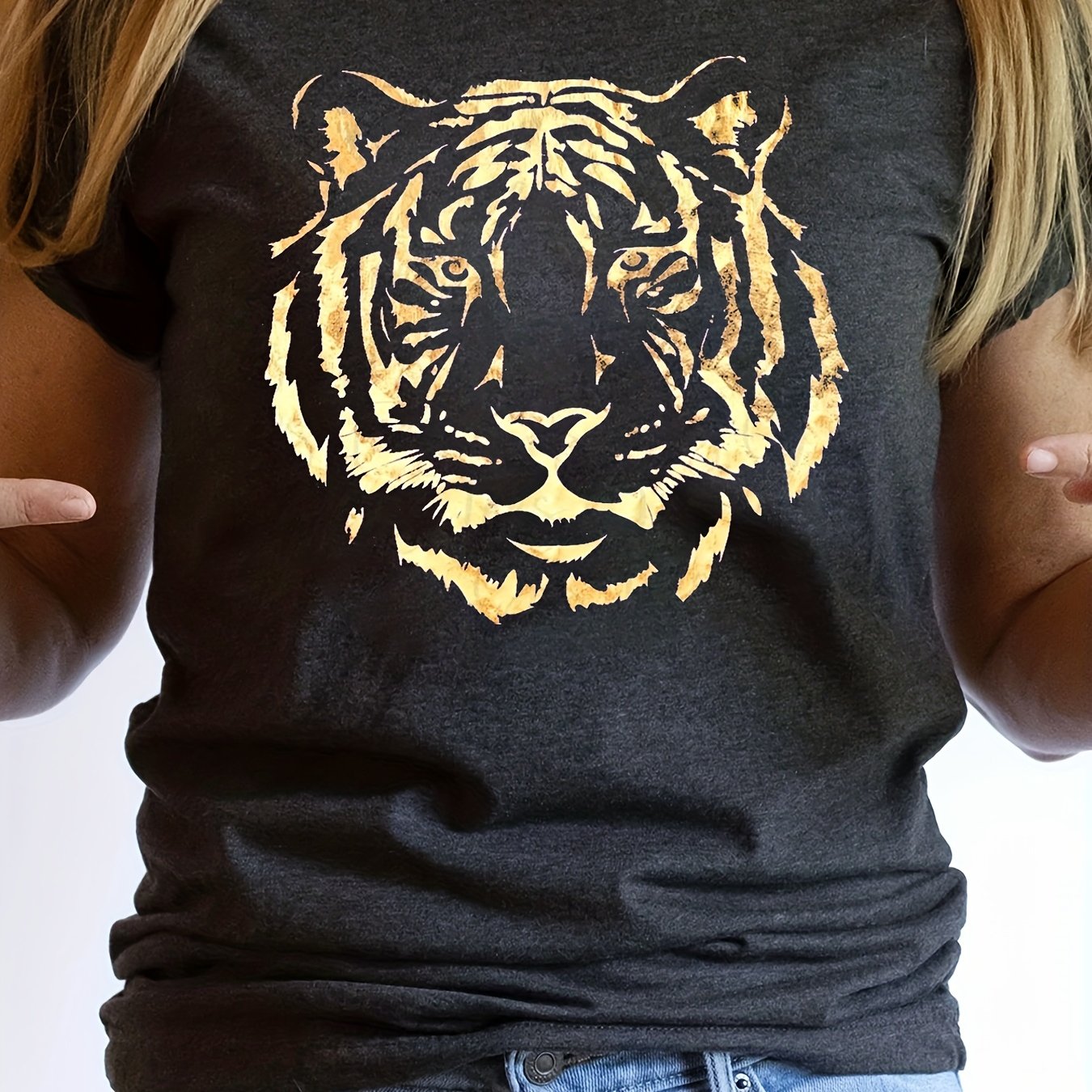 Vibrant Tiger Print Crew Neck T-Shirt - Soft, Breathable, Short Sleeve Top for Spring & Summer - Women's Casual Clothing for Everyday Wear, Relaxed Fit, Perfect for Outdoor Activities