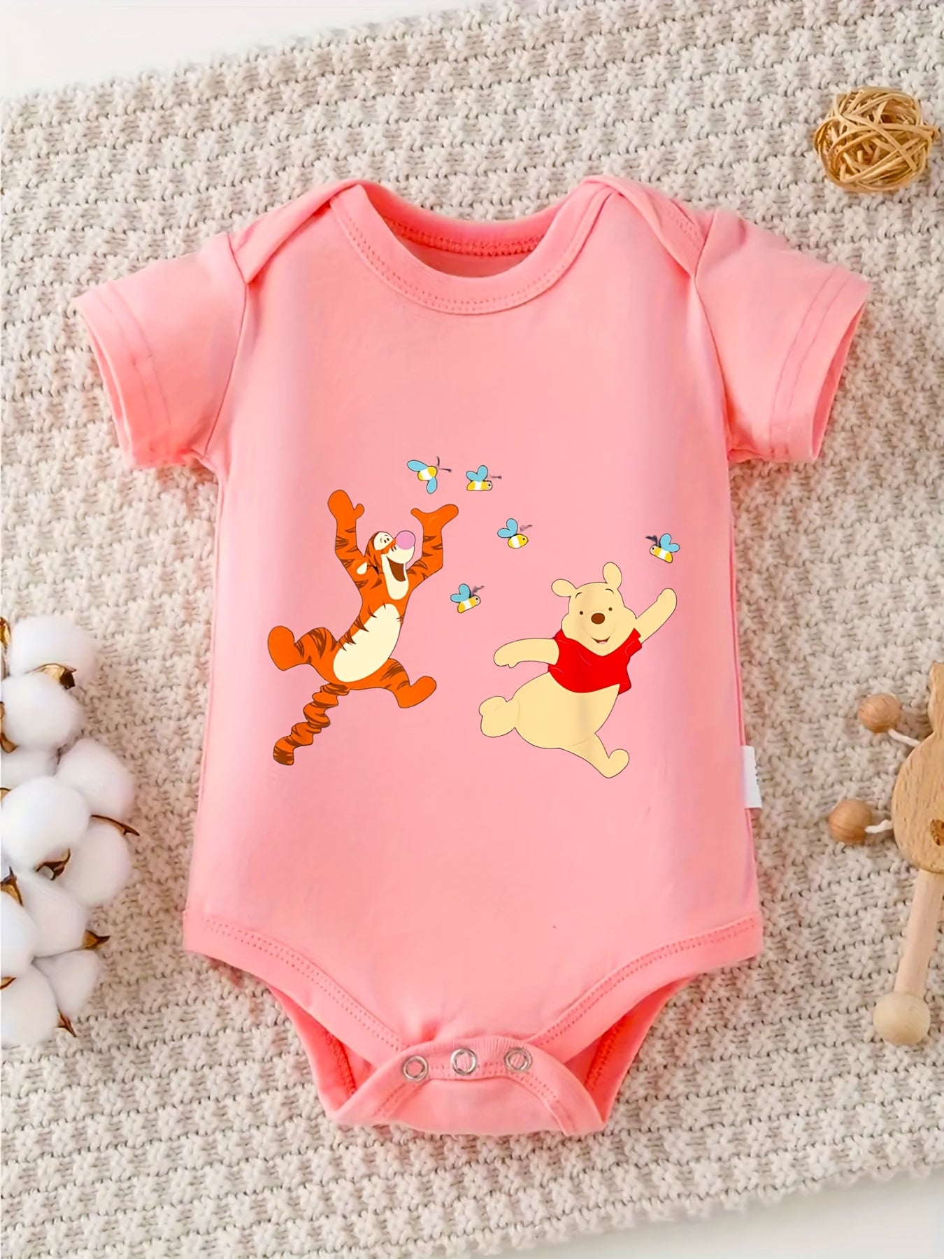 100% Cotton Baby Crawling Clothes - Tigger & Pooh Easter Design, Soft Gray, Short Sleeve, Round Neck, All-Season Casual Wear for Little Ones, Allseason Clothing | Playful Print Top | Cotton Fabric, Baby Clothes, for Outdoor