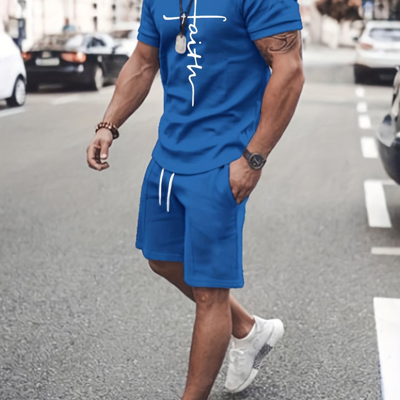 2 piece Men's 'Faith' Print Short Sleeve T-Shirt and Shorts Set - Comfortable Casual Loungewear for Summer
