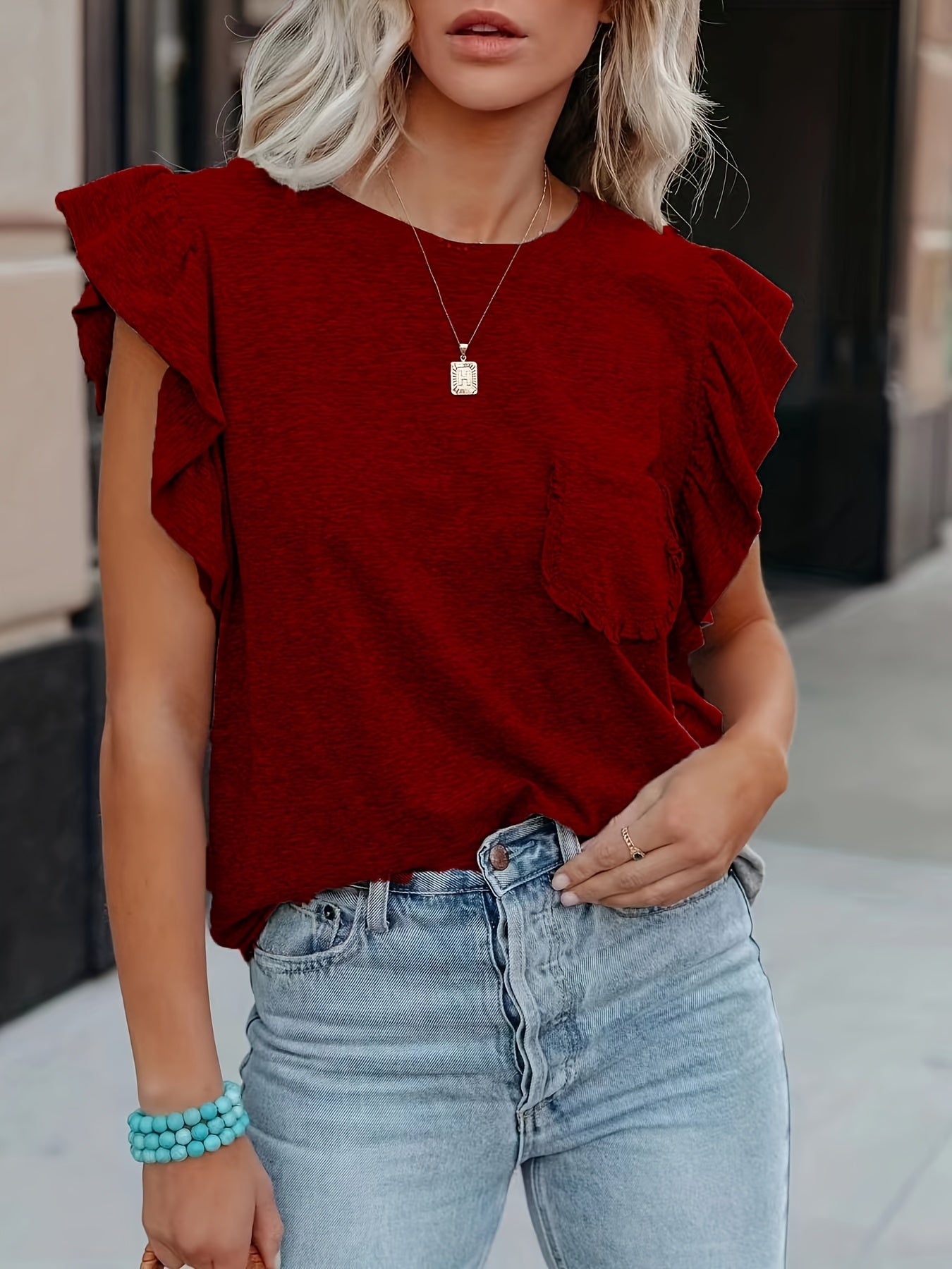 Flirty Ruffle Trim T-shirt - Versatile Solid Color, Crew Neck with Pocket - Perfect Summer Wear for Women