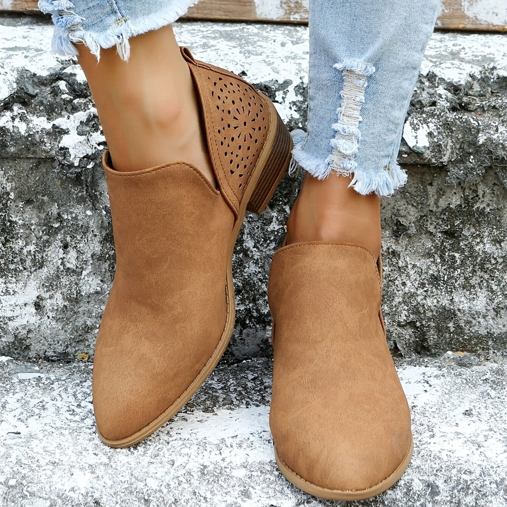 [V Cut Ankle Boots Short] Women's Ankle V Cut Short Boots, Hollow Out Chunky Heel Pointed Toe Shoes, Women's Footwear