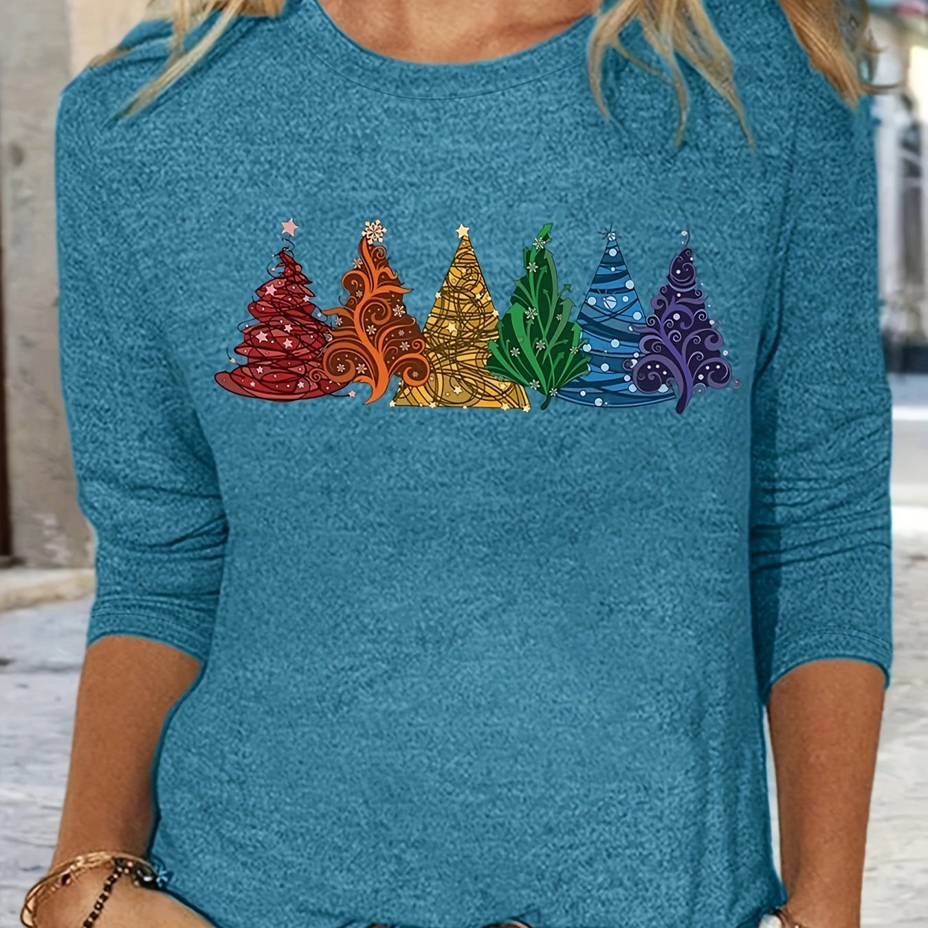 Christmas Tree Print Crew Neck T-Shirt, Casual Long Sleeve T-Shirt For Spring & Fall, Women's Clothing