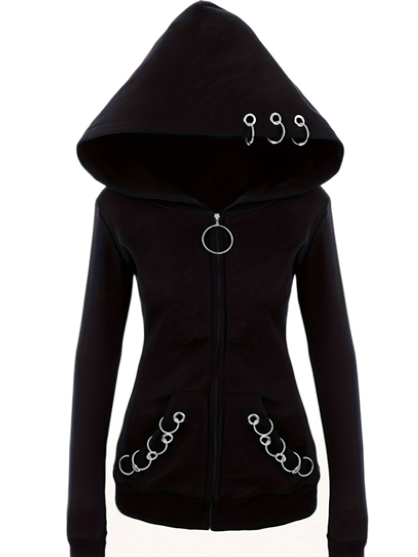Stylish Black Zip-Up Hoodie with Unique Chain Detail - Casual Long Sleeve, Polyester Blend, Machine Washable - Perfect for All Seasons