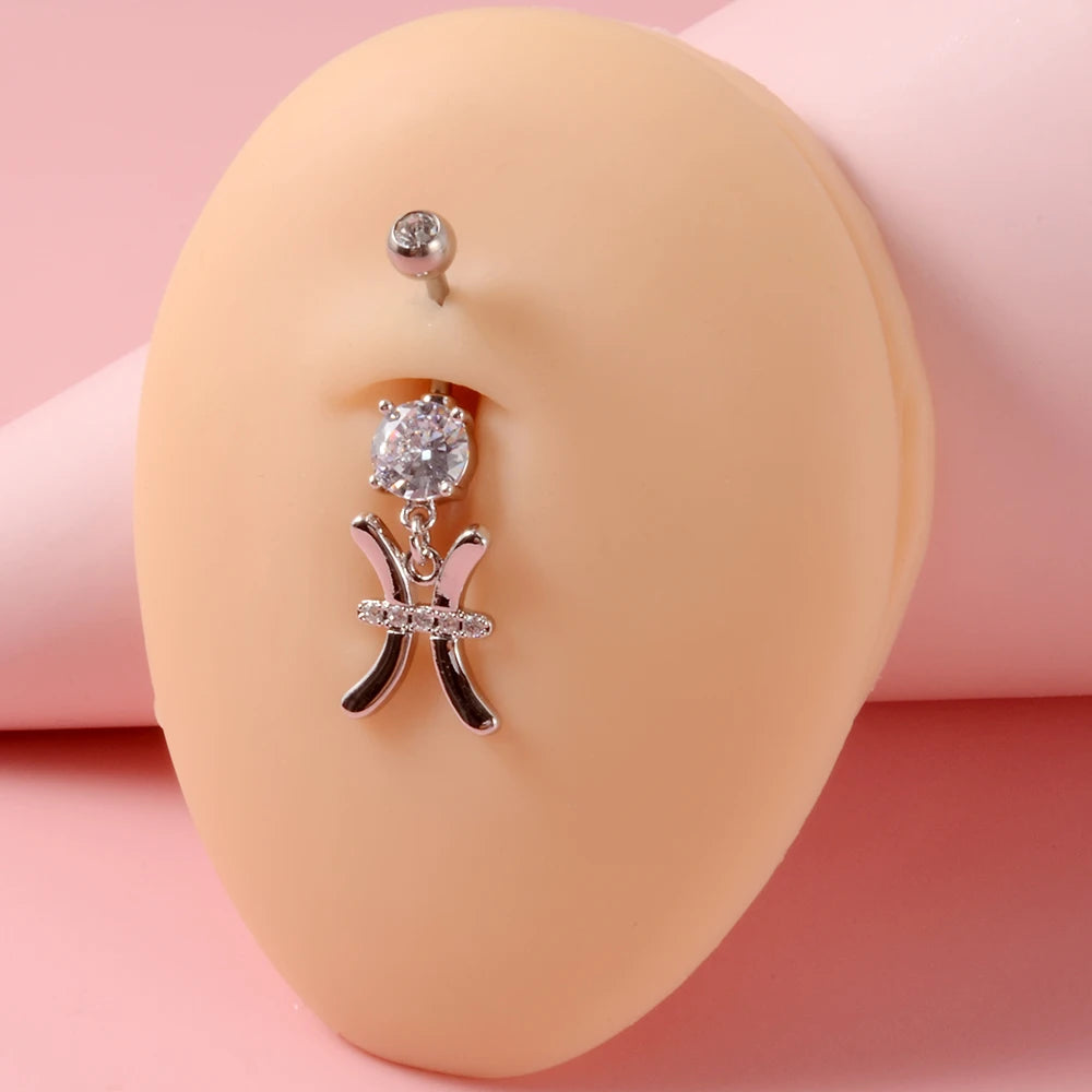 1PC Sexy Belly Button Rings 12 Birth Sign Constellation CZ Zircon Drop Navel Barbell Piercing Body Jewelry For Women Girls