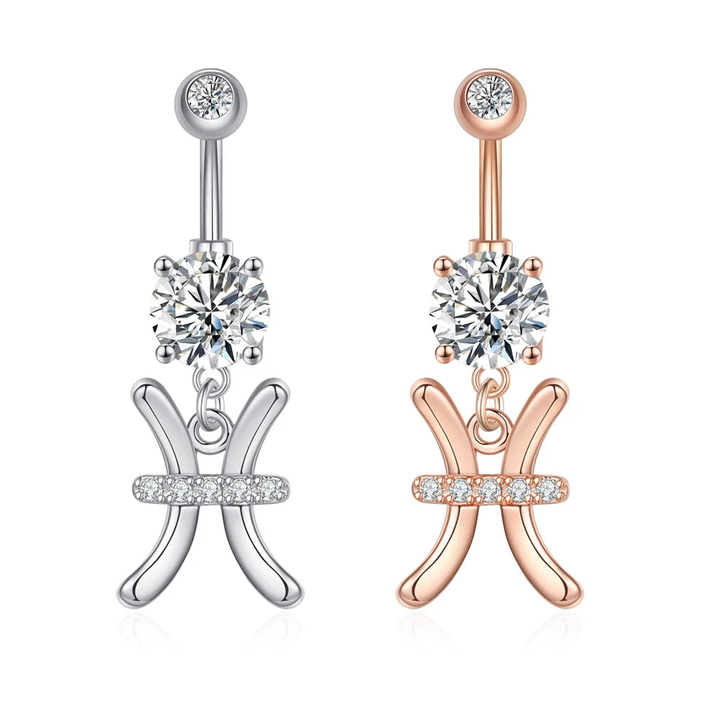 1PC Sexy Belly Button Rings 12 Birth Sign Constellation CZ Zircon Drop Navel Barbell Piercing Body Jewelry For Women Girls