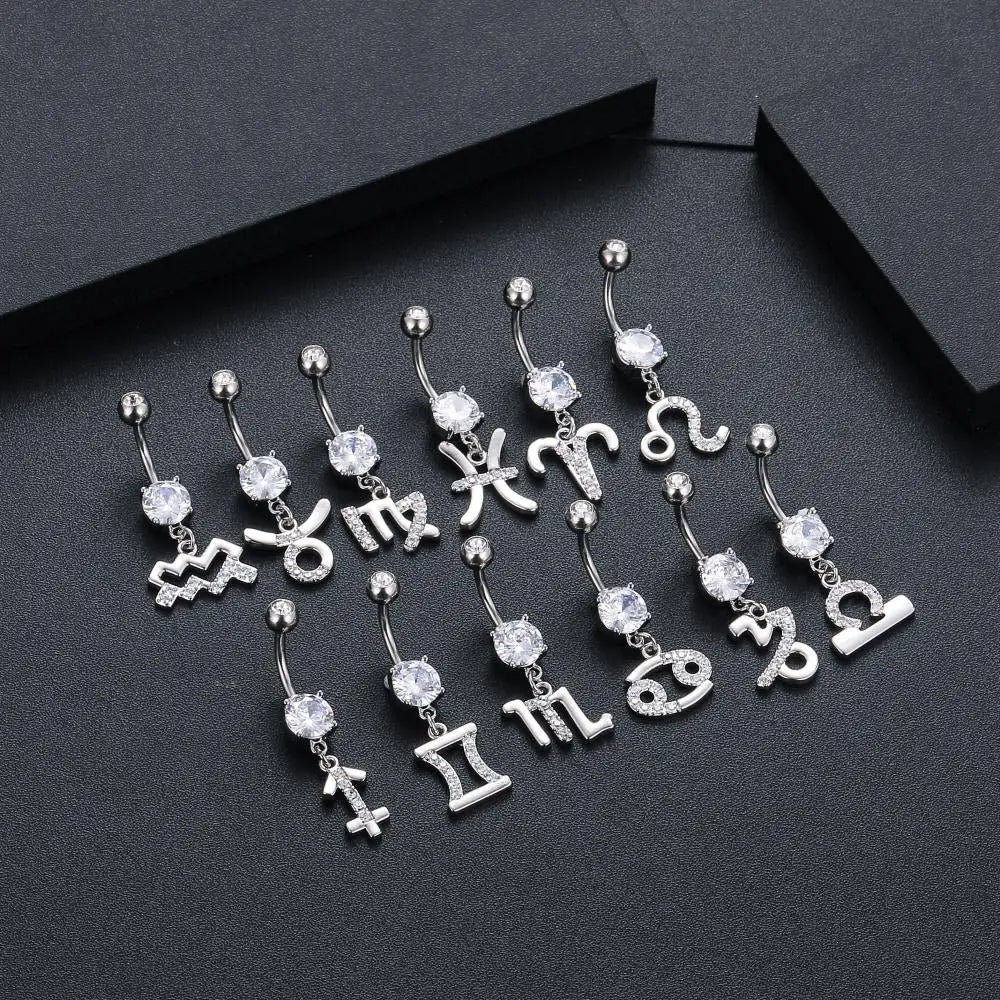 1PC Sexy Belly Button Rings 12 Birth Sign Constellation CZ Zircon Drop Navel Barbell Piercing Body Jewelry For Women Girls
