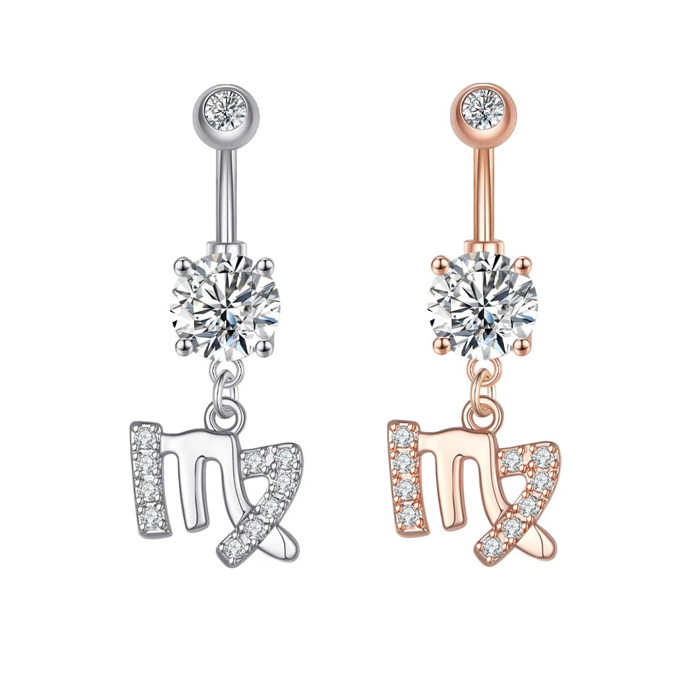 1PC Sexy Belly Button Rings 12 Birth Sign Constellation CZ Zircon Drop Navel Barbell Piercing Body Jewelry For Women Girls