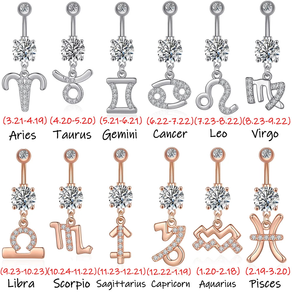 1PC Sexy Belly Button Rings 12 Birth Sign Constellation CZ Zircon Drop Navel Barbell Piercing Body Jewelry For Women Girls