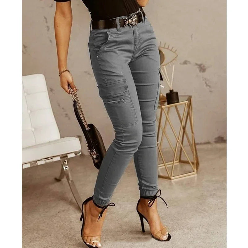 Pockets Small Feet Slim Fit Trousers Women Streetwear Cargo Pants Women Low Waist Button Solid Color