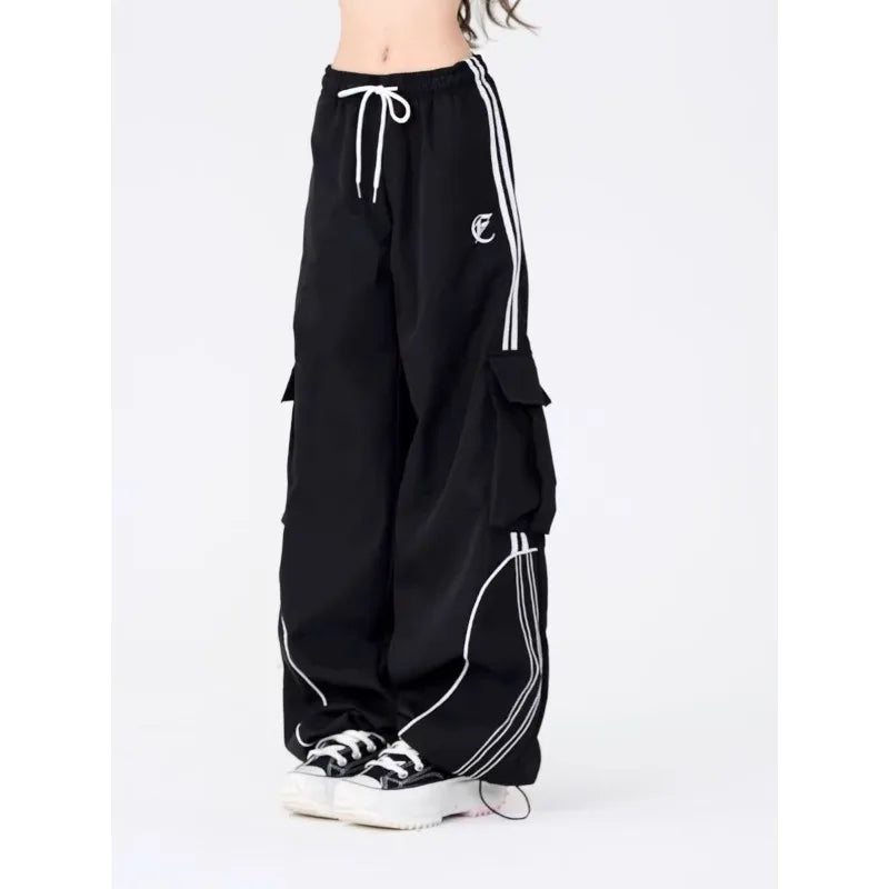 Deeptown Y2K Black Striped Women Cargo Pants Korean Fashion Wide Leg Baggy Trousers Streetwear Autunm Harajuku Hip Hop Oversized
