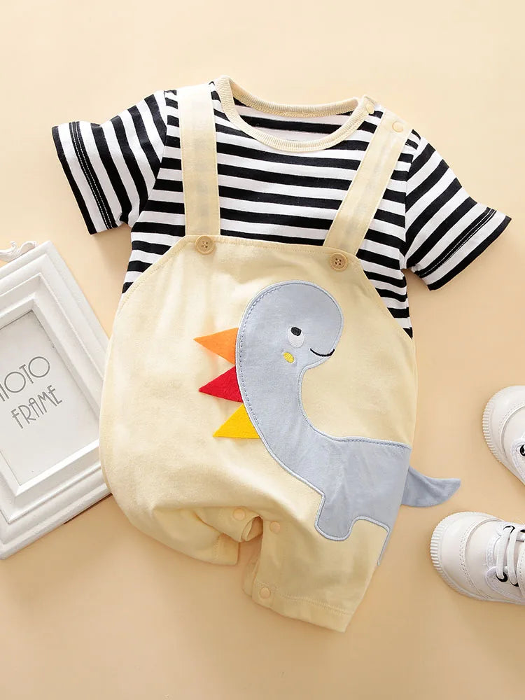 0-18 Baby Jumpsuit Cartoon Shoulder Strap Dinosaur Embroidered Cotton Comfortable And Soft Summer Short Sleeved Newborn Clothes